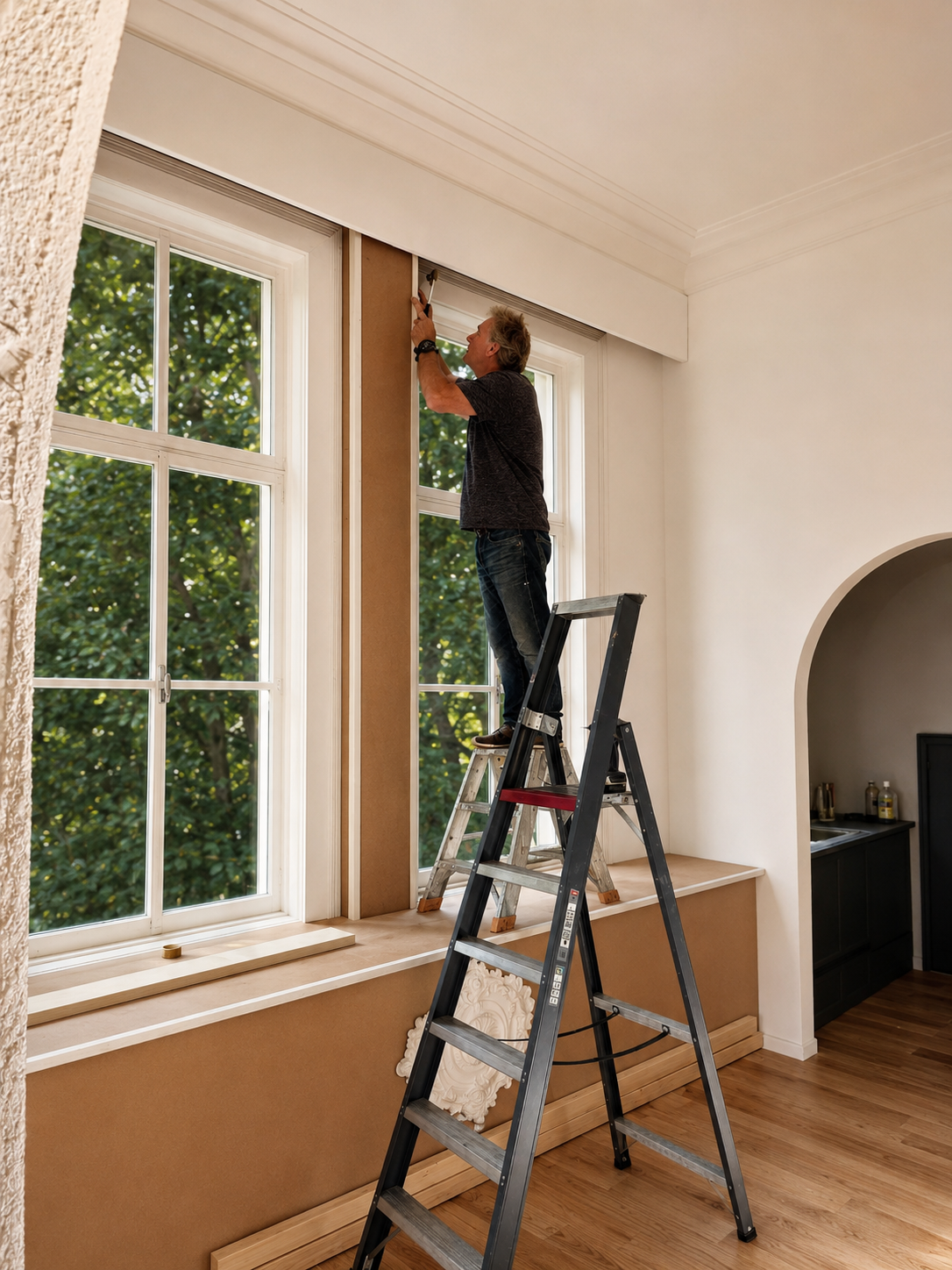 Vakman monteert een gordijnrail hoog boven een raam in een woning in Rosmalen — 2026