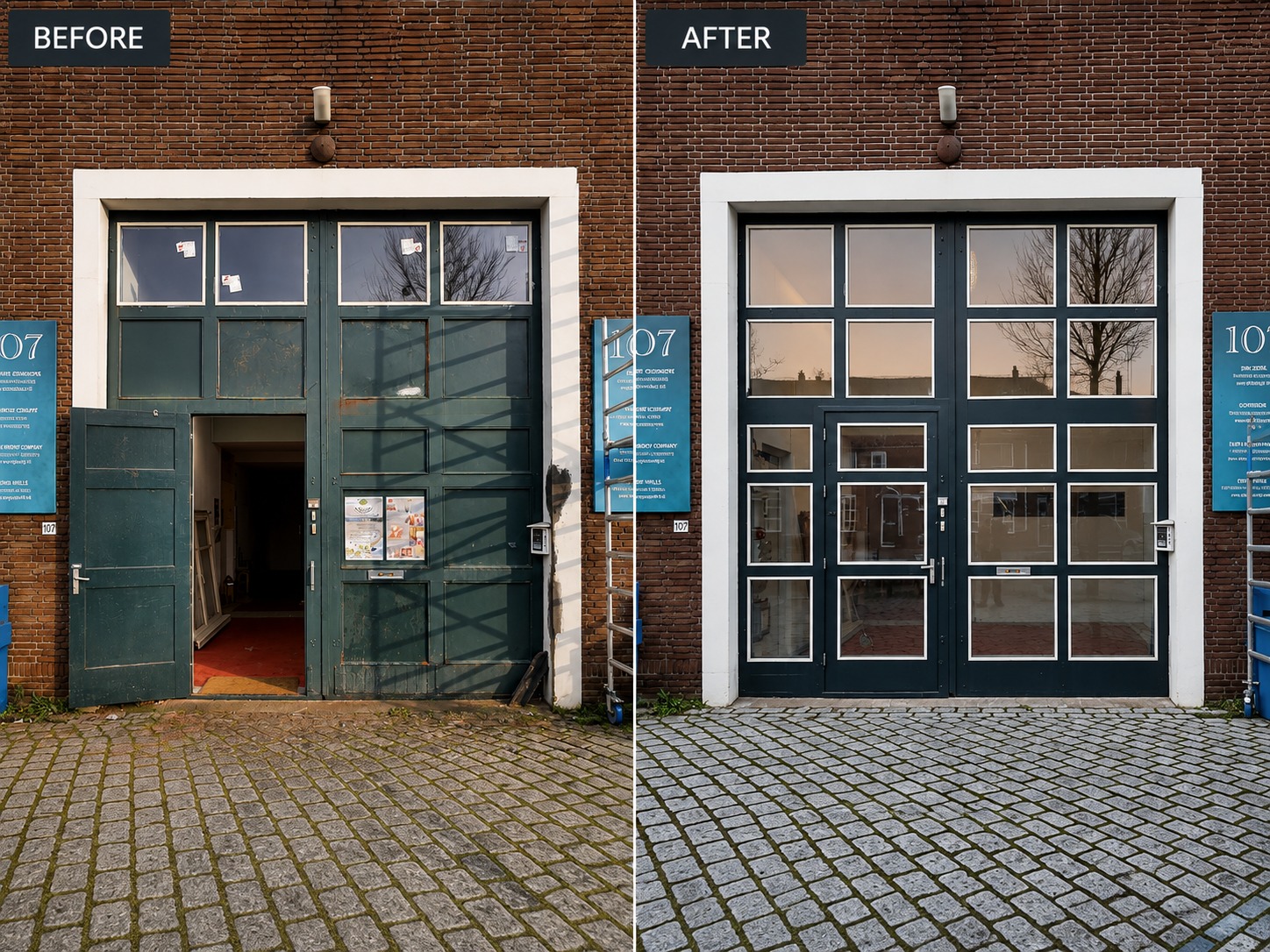 Voor-na onderhoud aan bedrijfspand in Vught — deur en kozijn hersteld door Willie in 2025